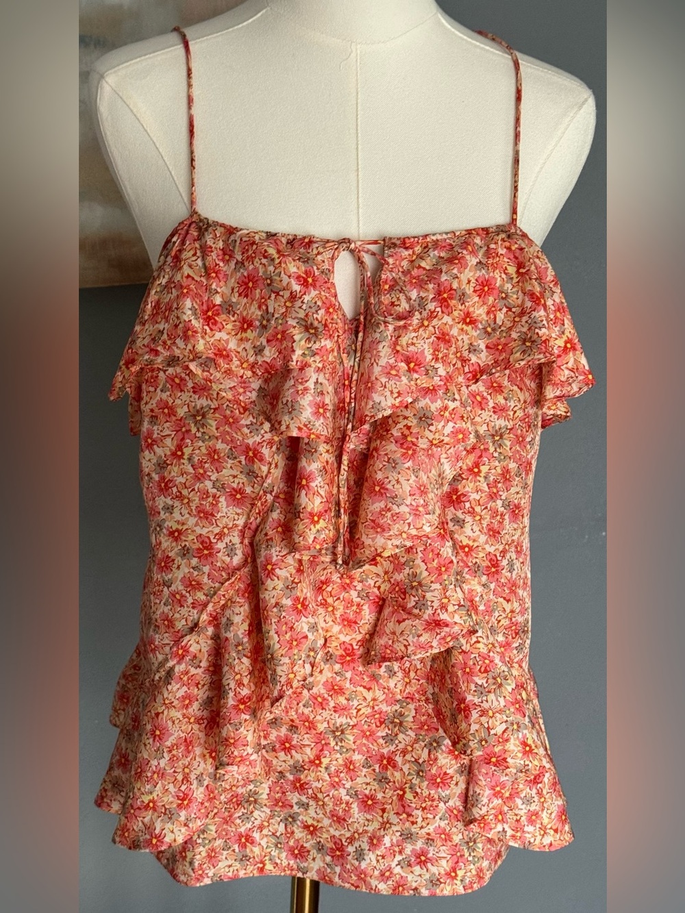 Banana Republic 100% Silk Floral Chiffon Ruffle Cami Top Spaghetti Small